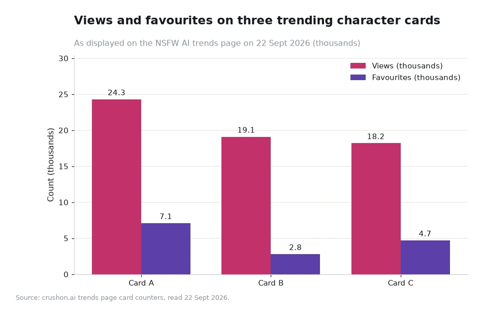 Bar chart comparing views and favourites in thousands for three trending character cards